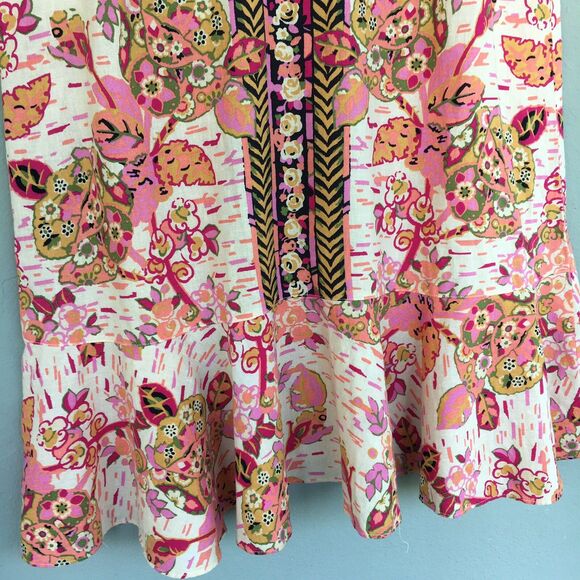 Free People Linen Tunic Top M Floral Ruffle Sleeve Talum Boho Chic Festival - Picture 6 of 16